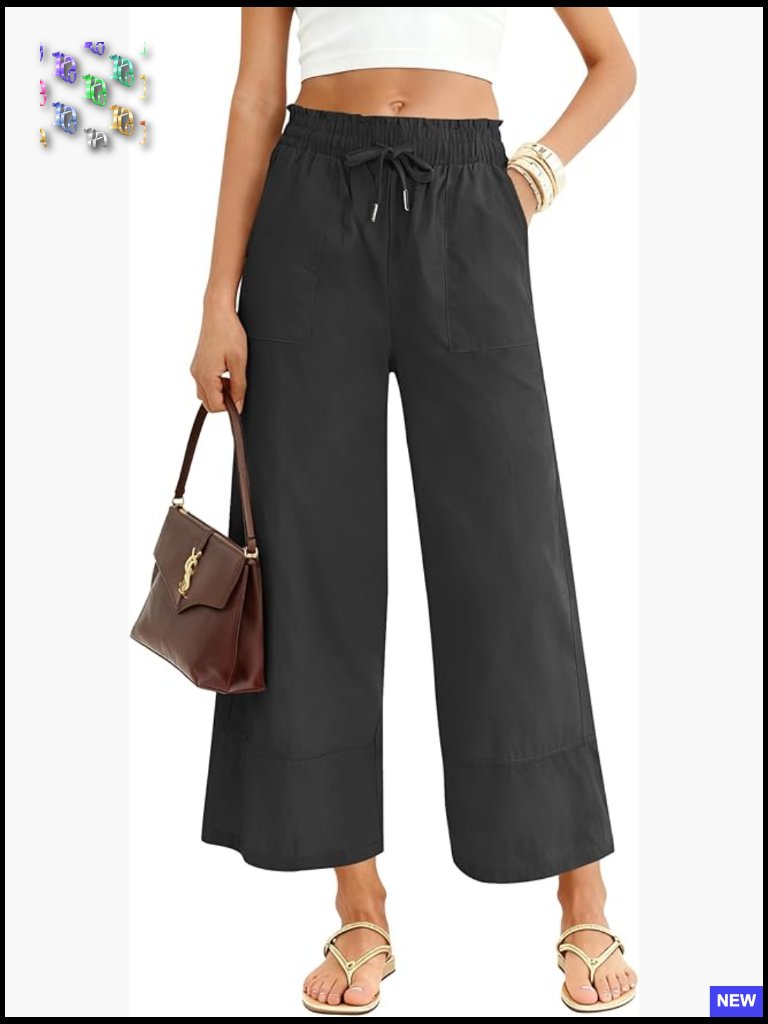Wide Leg Palazzo Pants Elastic Waist Drawstring Flowy Casual With Pockets
